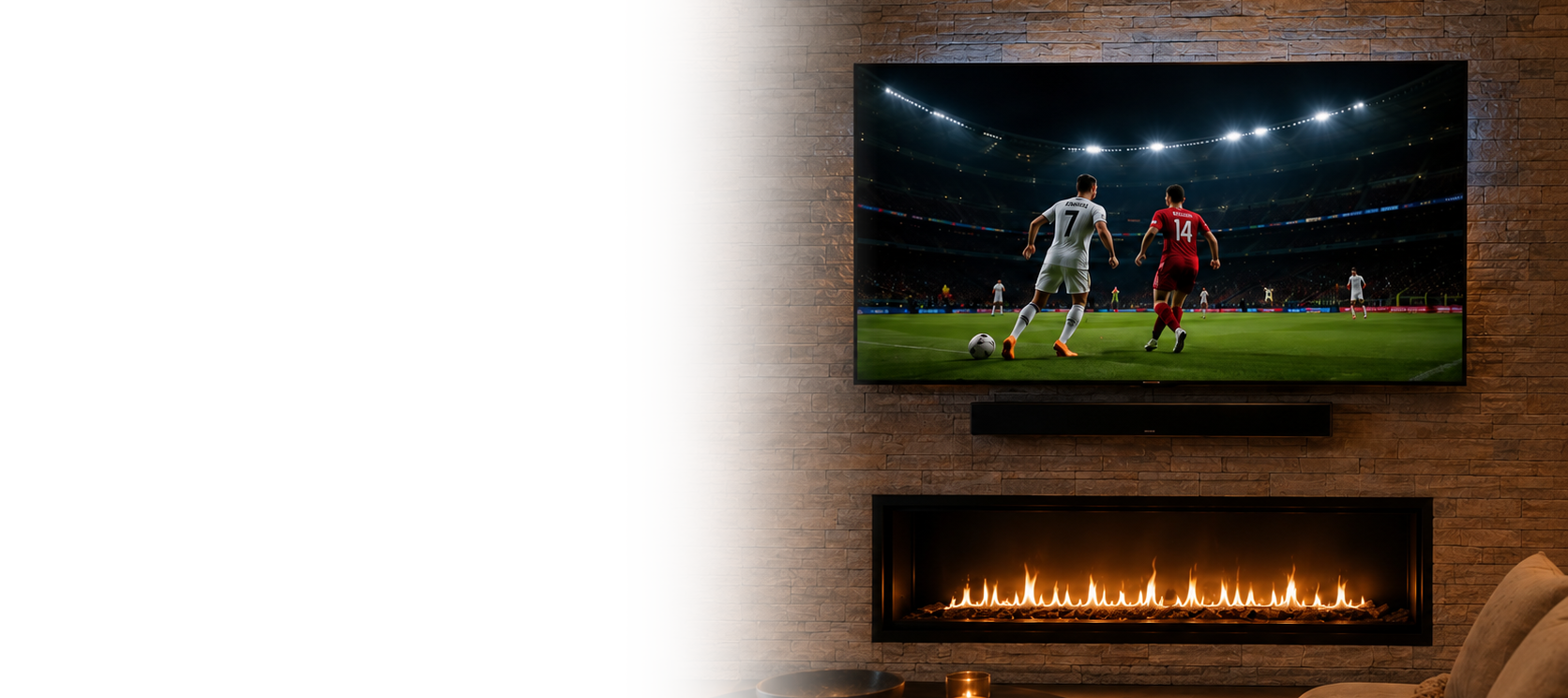 Wall-mounted television above a modern fireplace